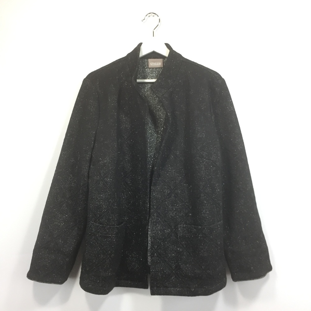 Chico's 2 Jacket Large Black Metallic Open Front